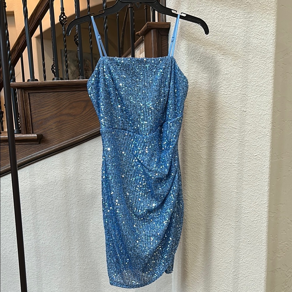 Honey and Rosie Blue Sequin Ruched Mini Dress